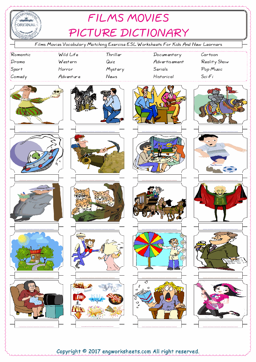  Films Movies for Kids ESL Word Matching English Exercise Worksheet. 